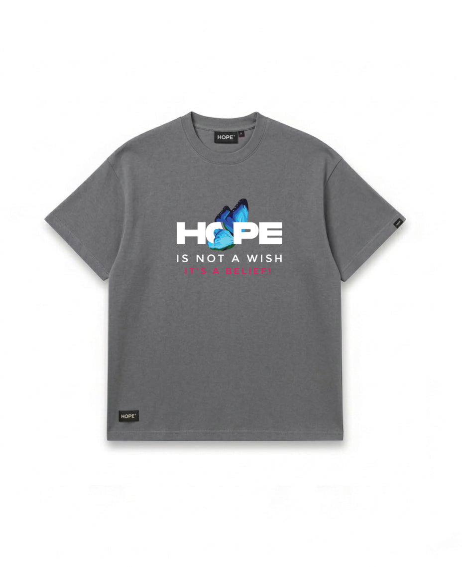 HOPE “Not a Wish, It’s a Belief” Graphic T-Shirt – Premium Cotton Oversized Tee (Grey)