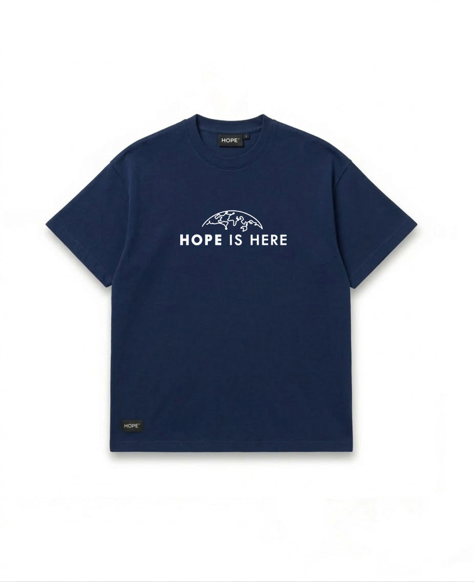 HOPE “Hope Is Here” Minimal Graphic T-Shirt – Premium Cotton Oversized Tee (Sky Blue)