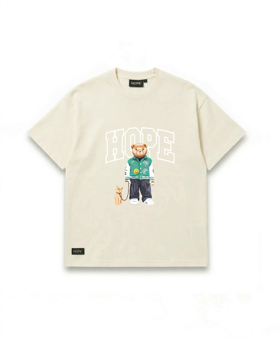 HOPE Teddy Streetwear Oversized T-Shirt | Bear Graphic Tee with Cat | Premium Cotton | Unisex