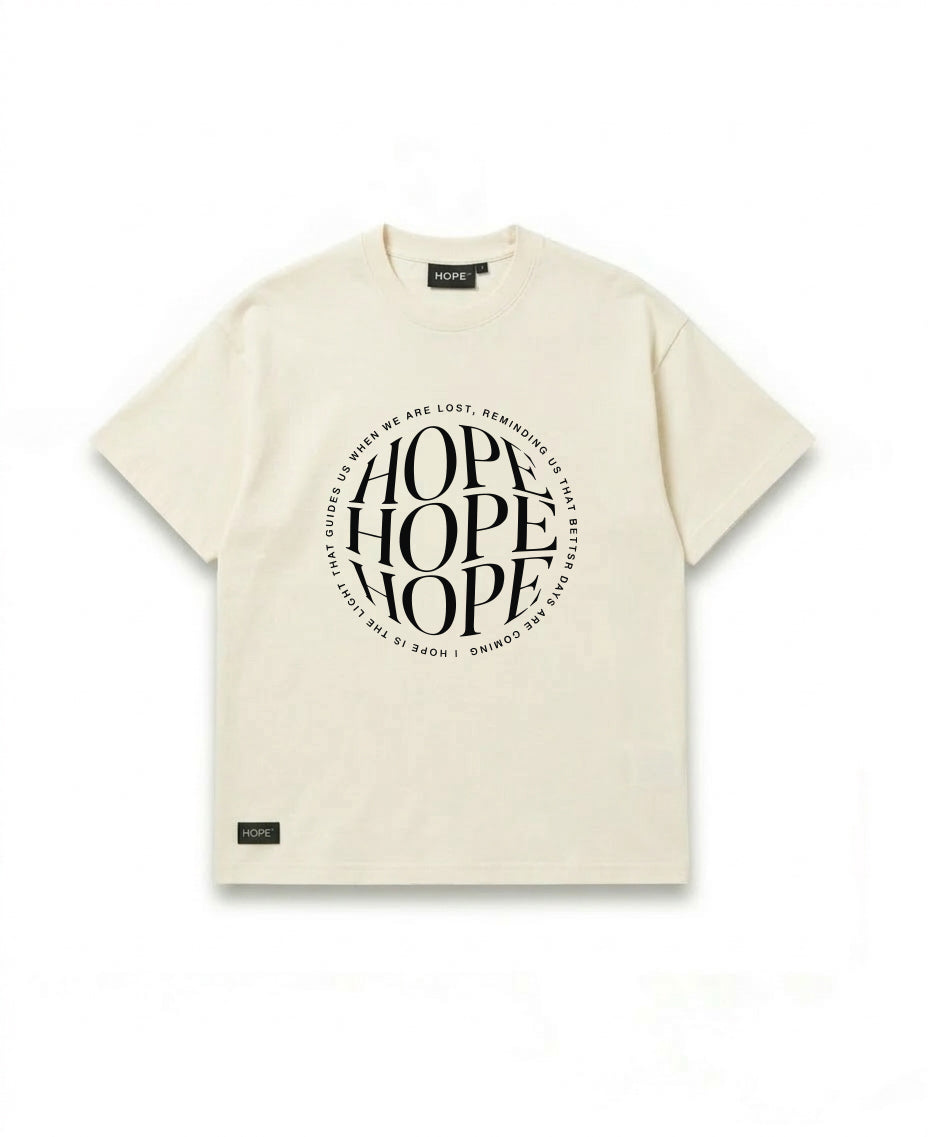 HOPE Minimal Circle Typography T-Shirt – Premium Oversized Cotton Tee (Beige)