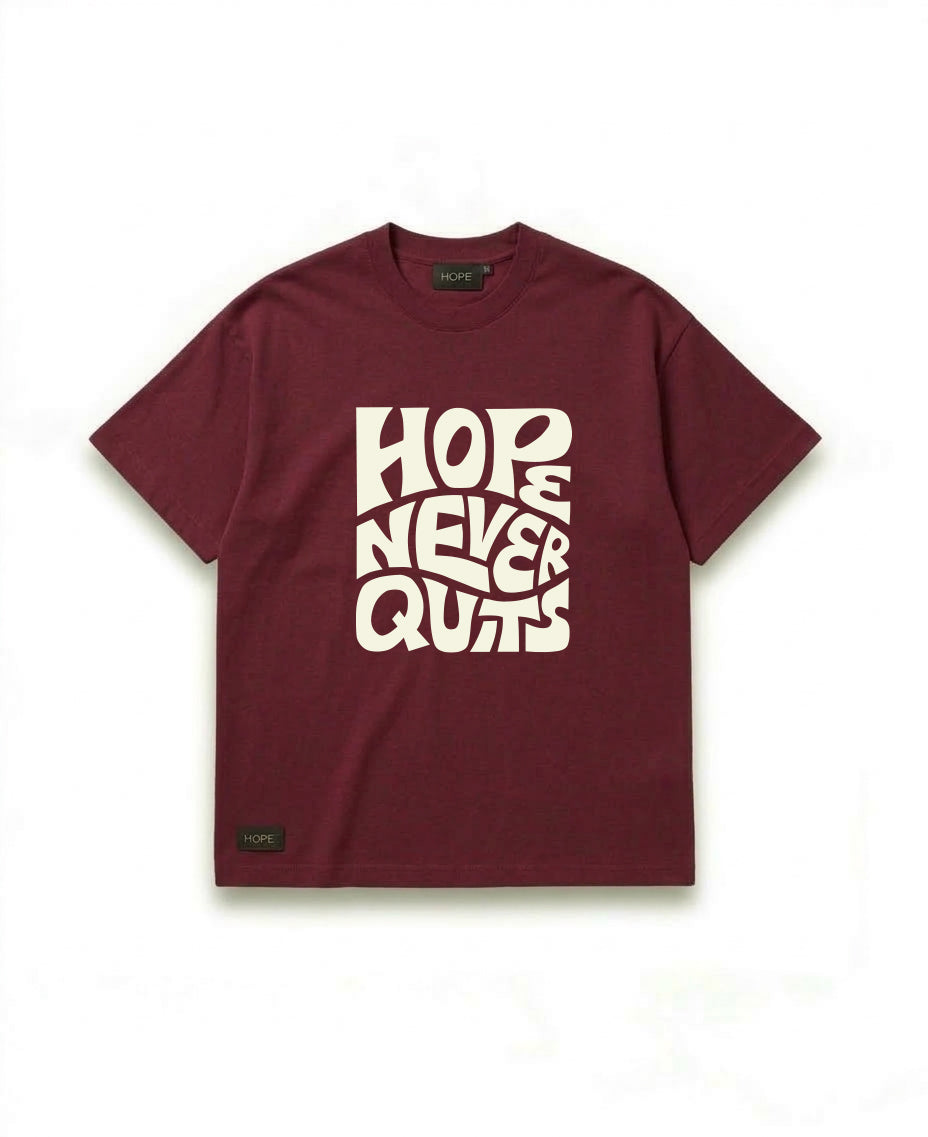 HOPE “Hope Never Quits” Oversized T-Shirt – Premium Cotton | Minimal Typography Design