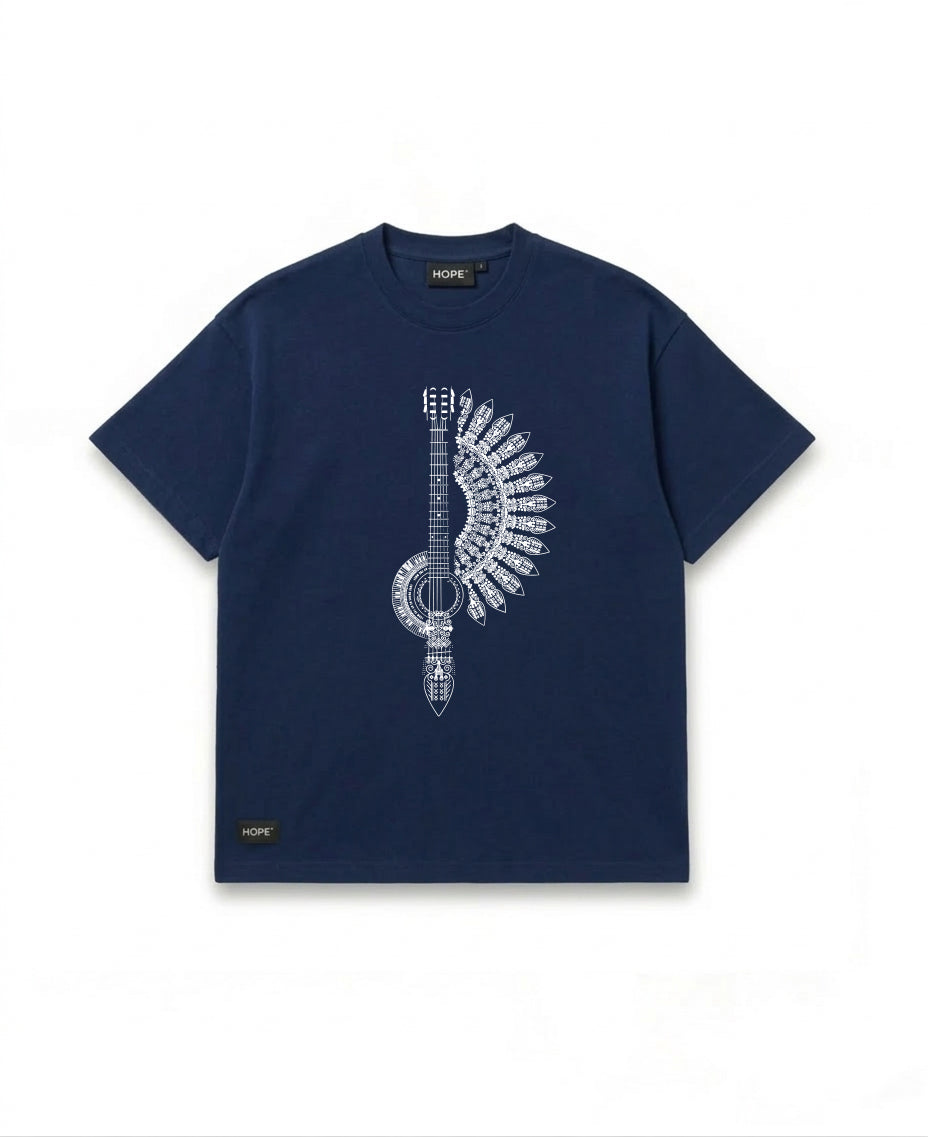 Guitar Feather Art Oversized T-Shirt | Premium Cotton Graphic Tee | Sky Blue | Unisex