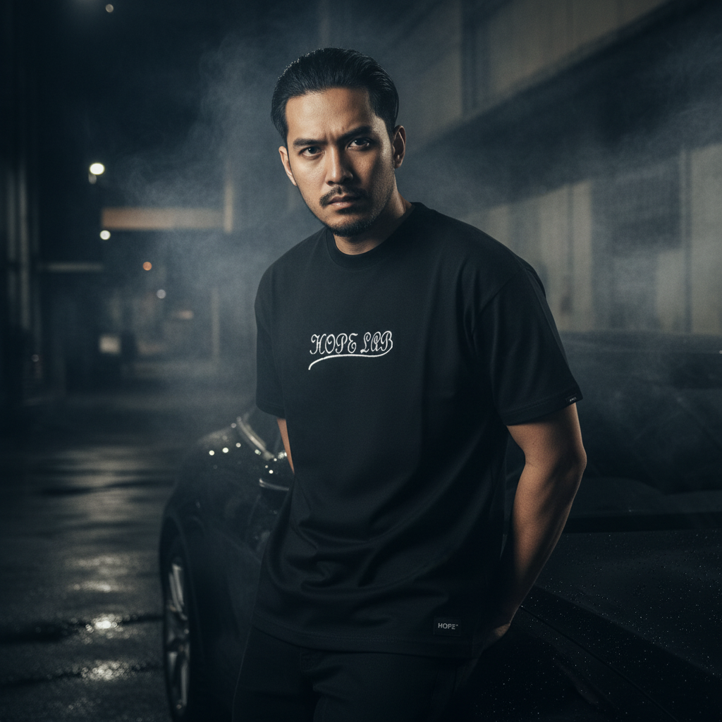 Dark gangster-style banner with Malaysian man and car