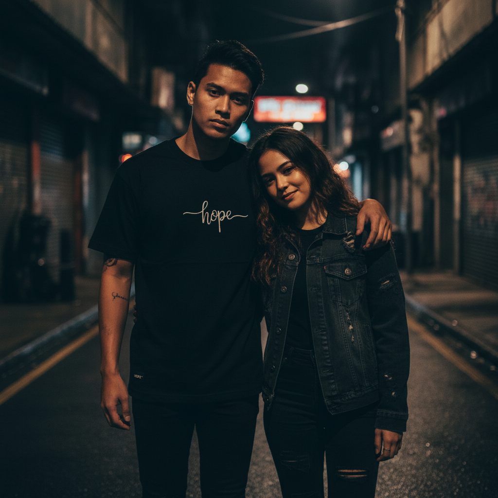 Dark gangster-style banner with Malaysian man and girlfriend