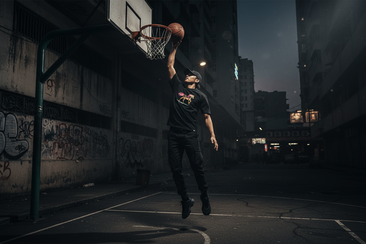 Dark gangster-style basketball banner with Malaysian man and HOPE t-shirt